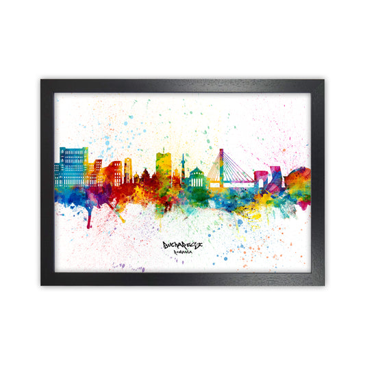 Bucharest Romania Skyline Splash Art Print by Michael Tompsett Black Grain