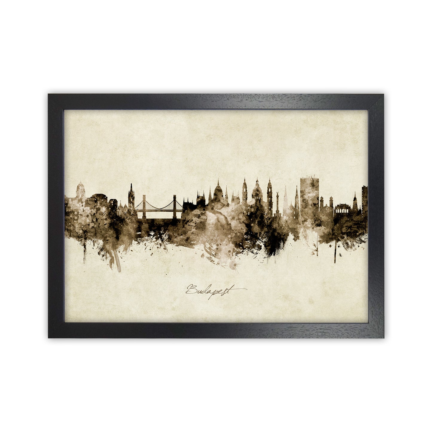 Budapest Hungary Skyline Vintage Art Print by Michael Tompsett Black Grain
