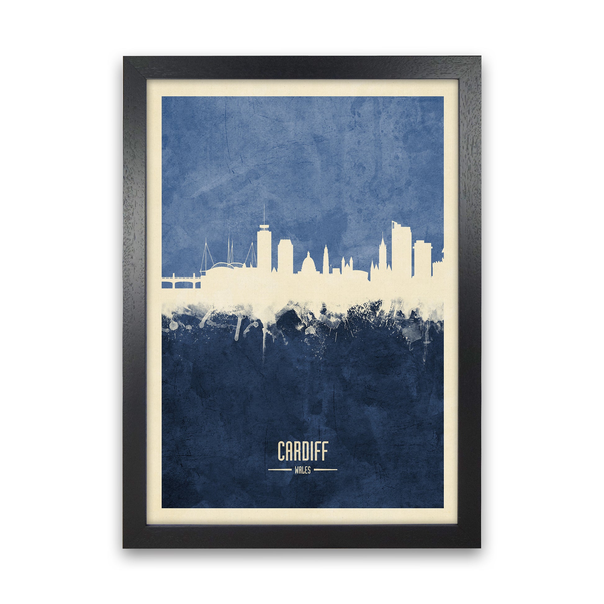 Cardiff Wales Skyline Portrait Navy Art Print by Michael Tompsett Black Grain