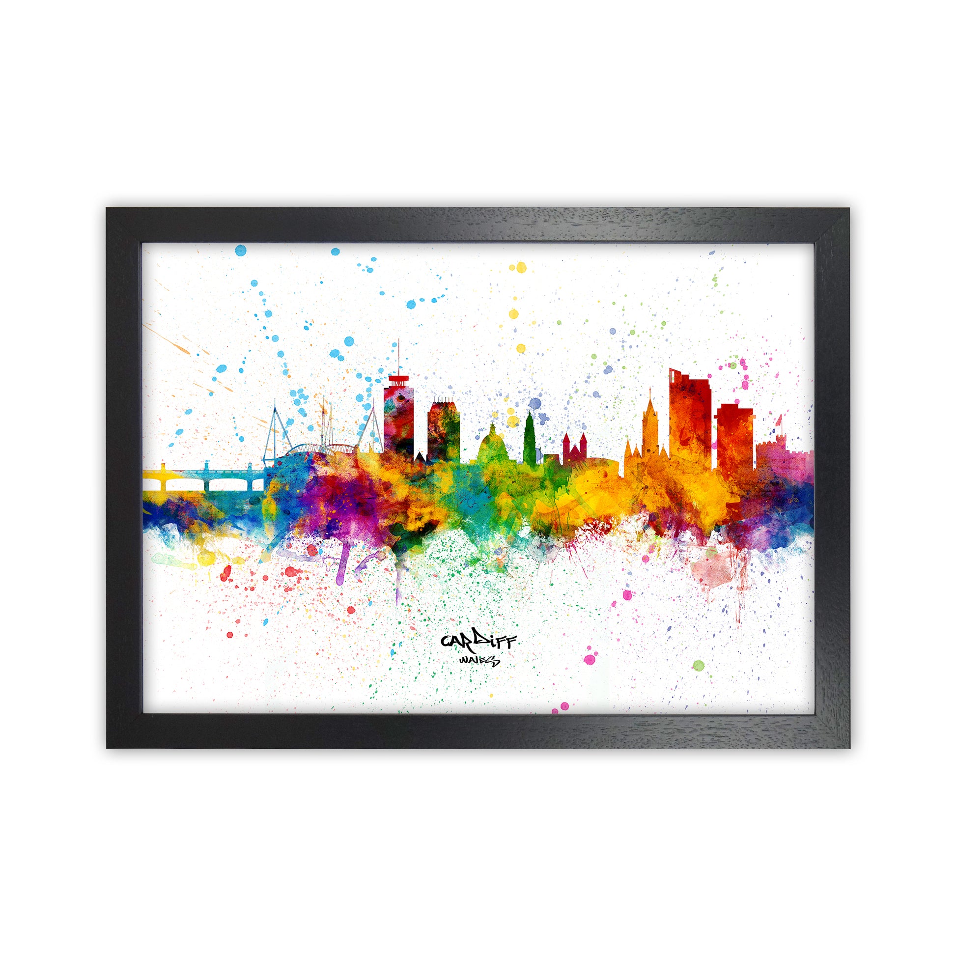 Cardiff Wales Skyline Splash Art Print by Michael Tompsett Black Grain