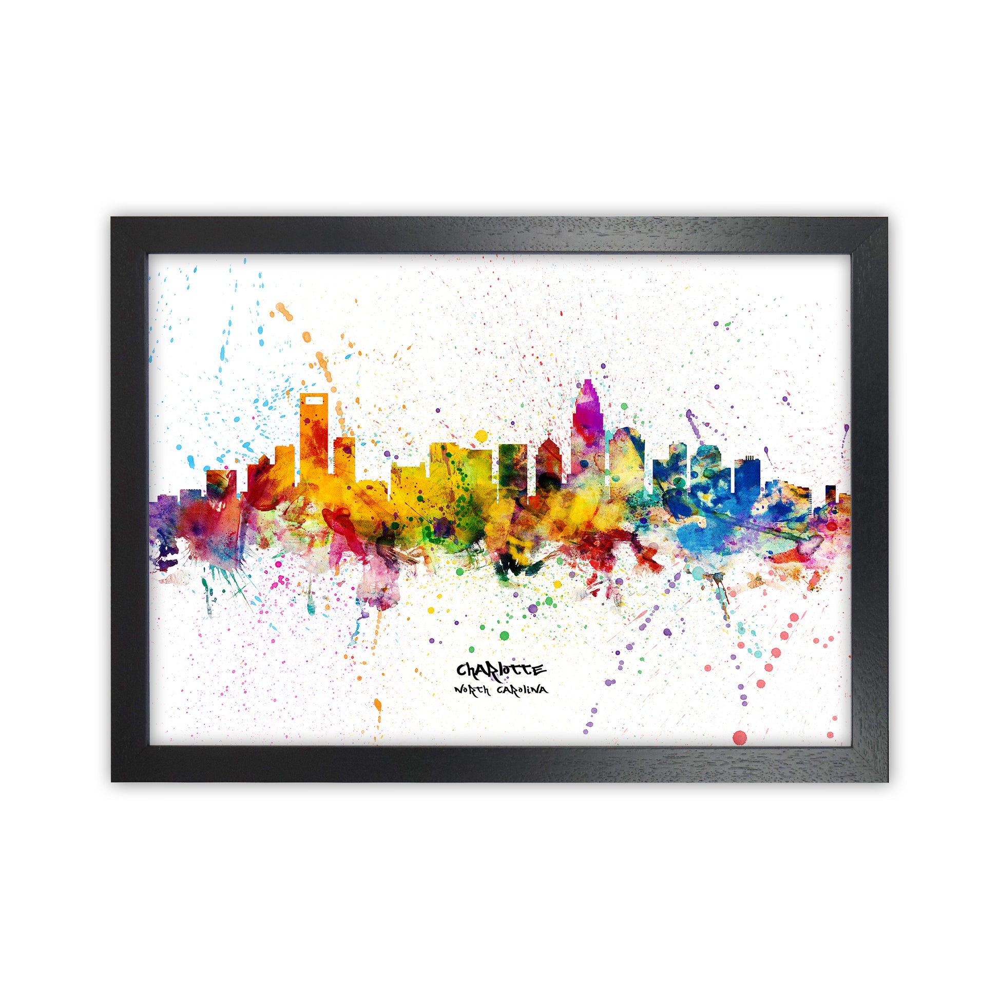 Charlotte North Carolina Skyline Splash Art Print by Michael Tompsett Black Grain