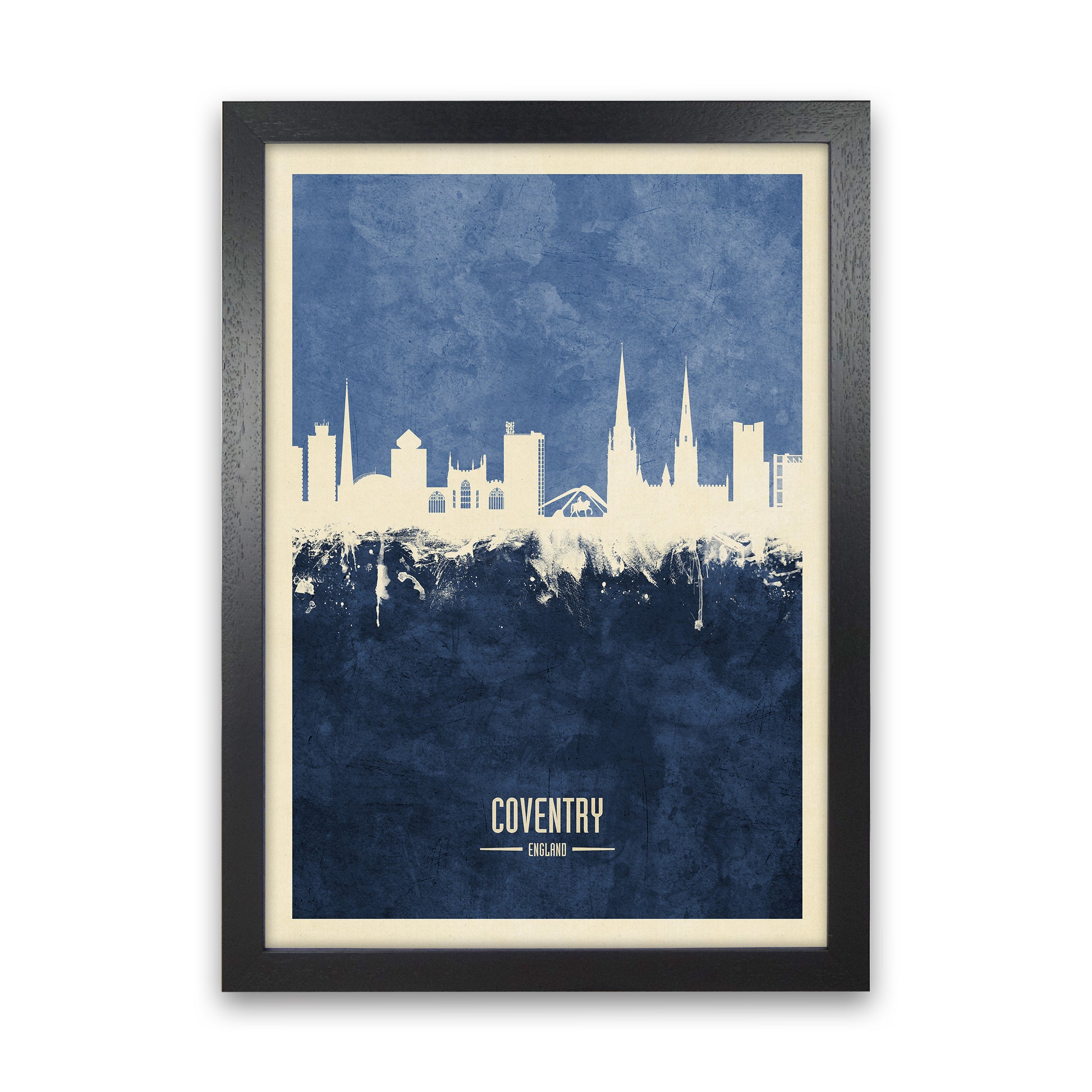 Coventry England Skyline Portrait Navy Art Print by Michael Tompsett Black Grain