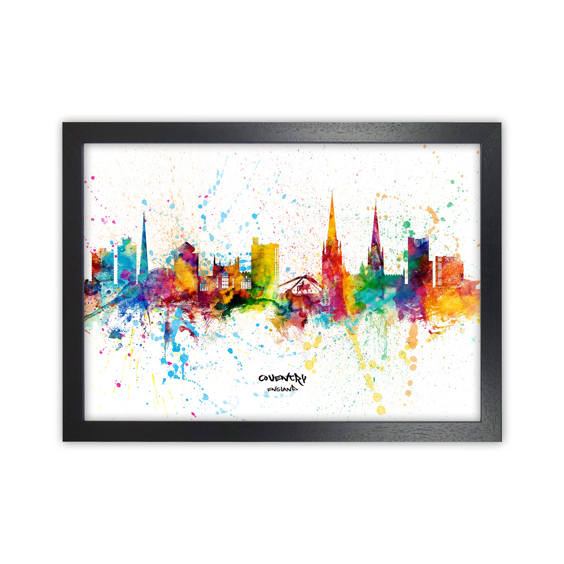 Coventry England Skyline Splash Art Print by Michael Tompsett Black Grain