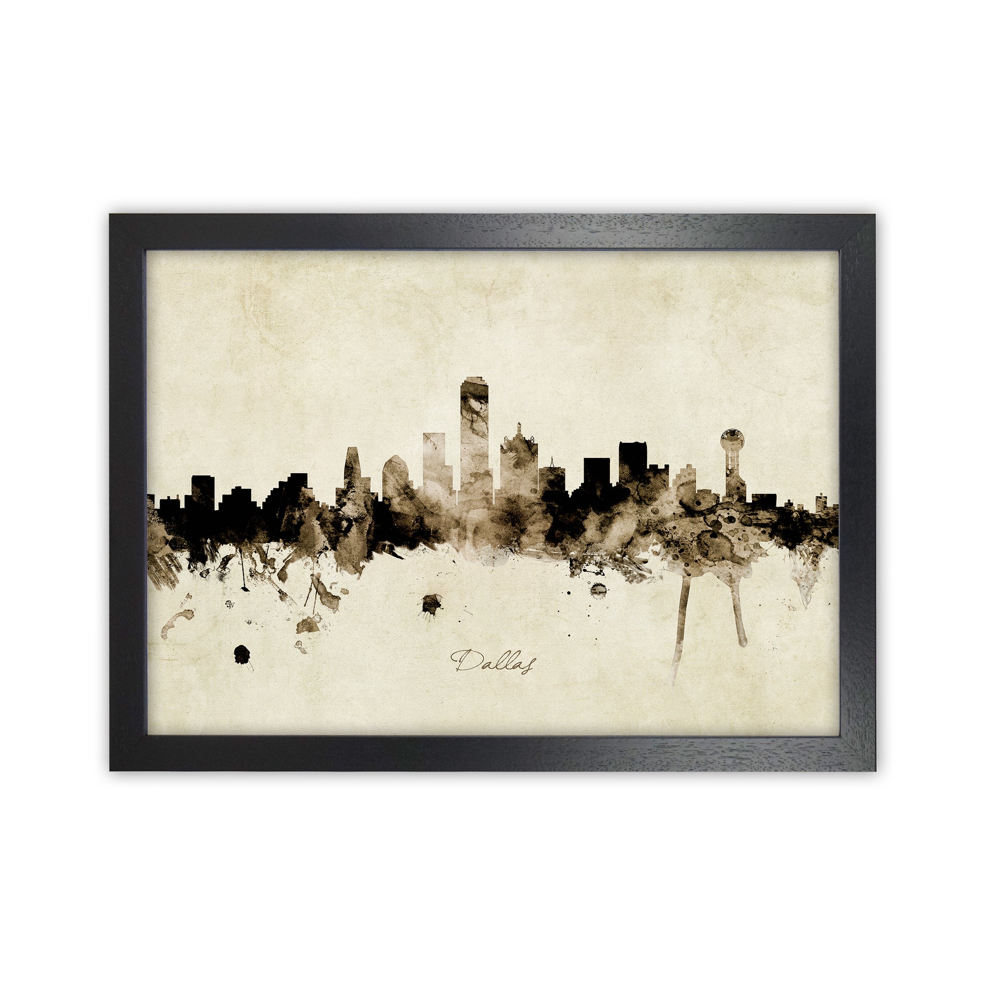 Dallas Texas Skyline Vintage Art Print by Michael Tompsett Black Grain