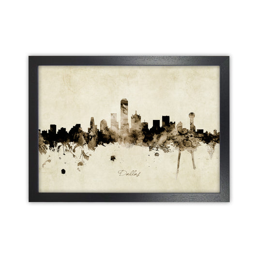 Dallas Texas Skyline Vintage Art Print by Michael Tompsett Black Grain