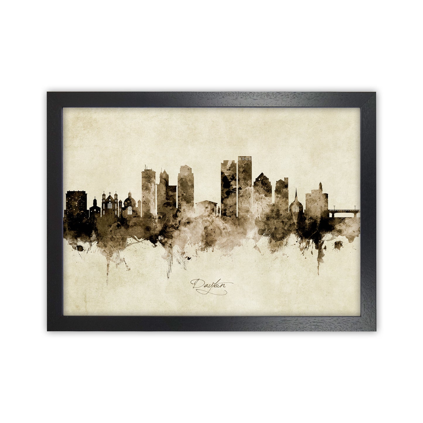 Dayton Ohio Skyline Vintage Art Print by Michael Tompsett Black Grain