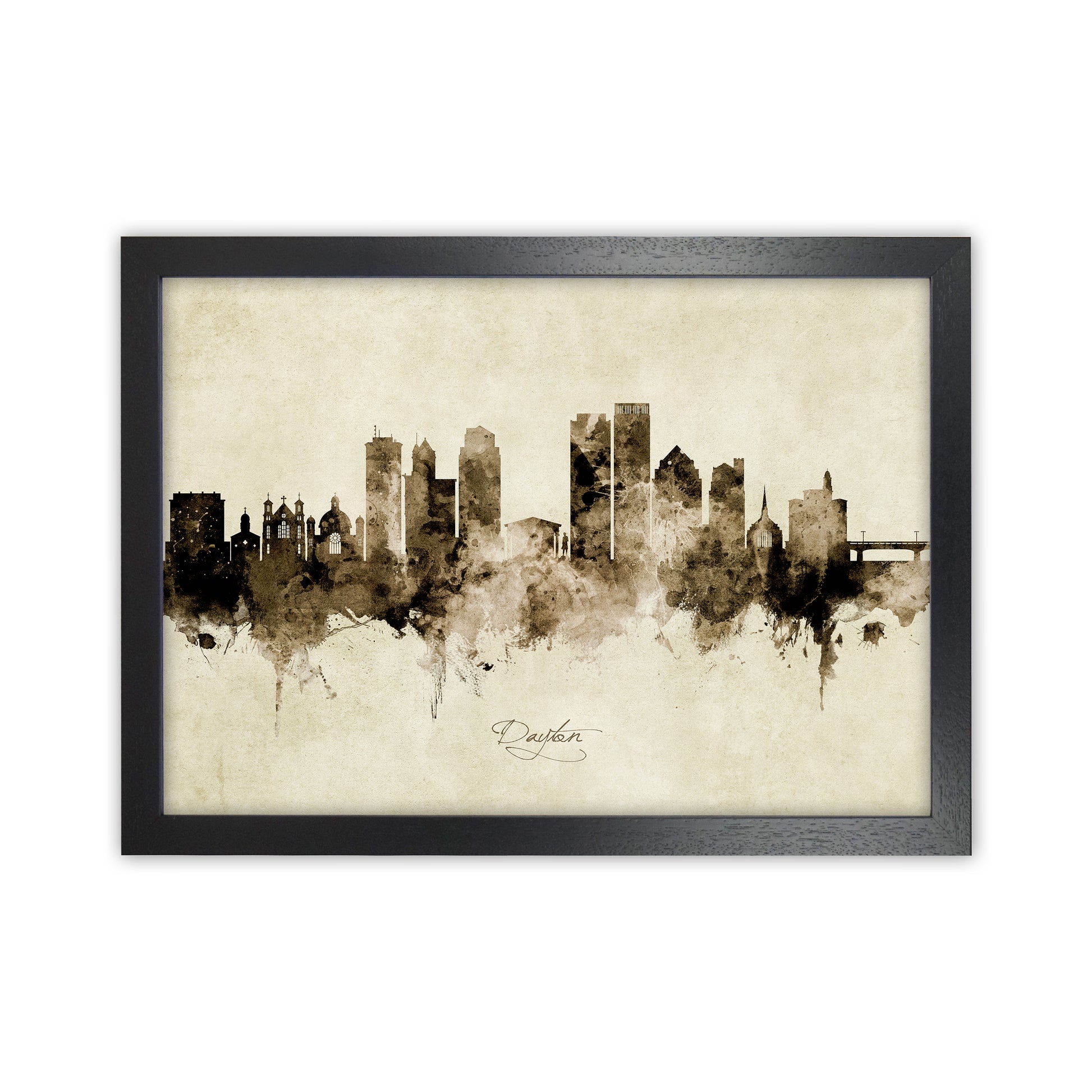 Dayton Ohio Skyline Vintage Art Print by Michael Tompsett Black Grain