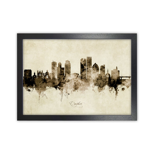 Dayton Ohio Skyline Vintage Art Print by Michael Tompsett Black Grain