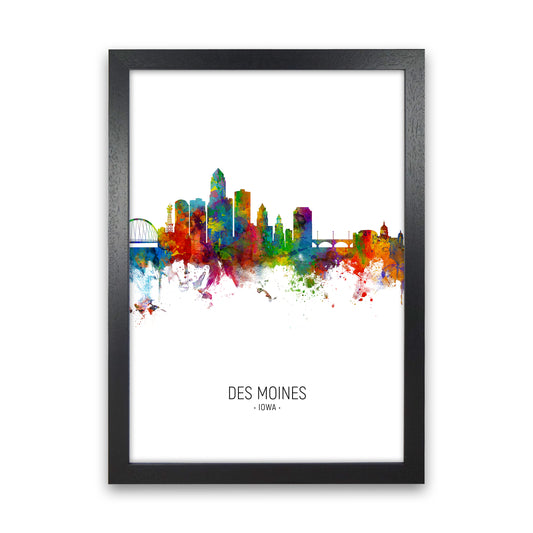 Des Moines Iowa Skyline Portrait Art Print by Michael Tompsett Black Grain