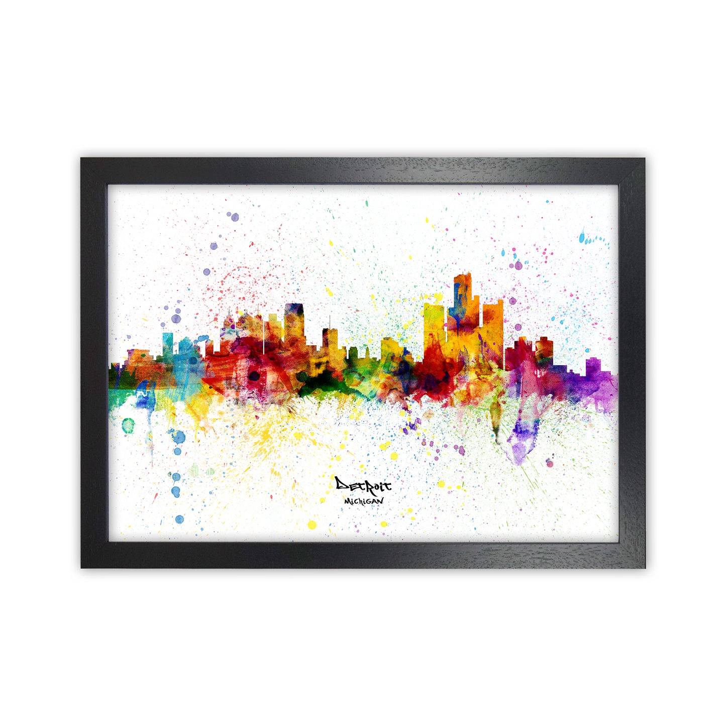 Detroit Michigan Skyline Splash Art Print by Michael Tompsett Black Grain