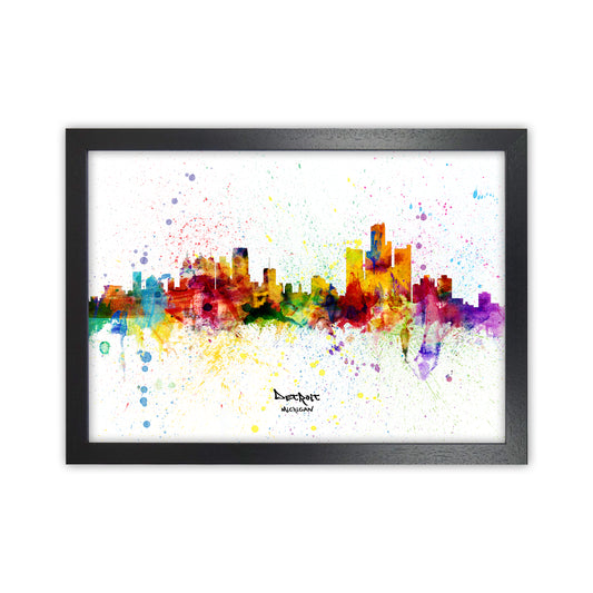 Detroit Michigan Skyline Splash Art Print by Michael Tompsett Black Grain