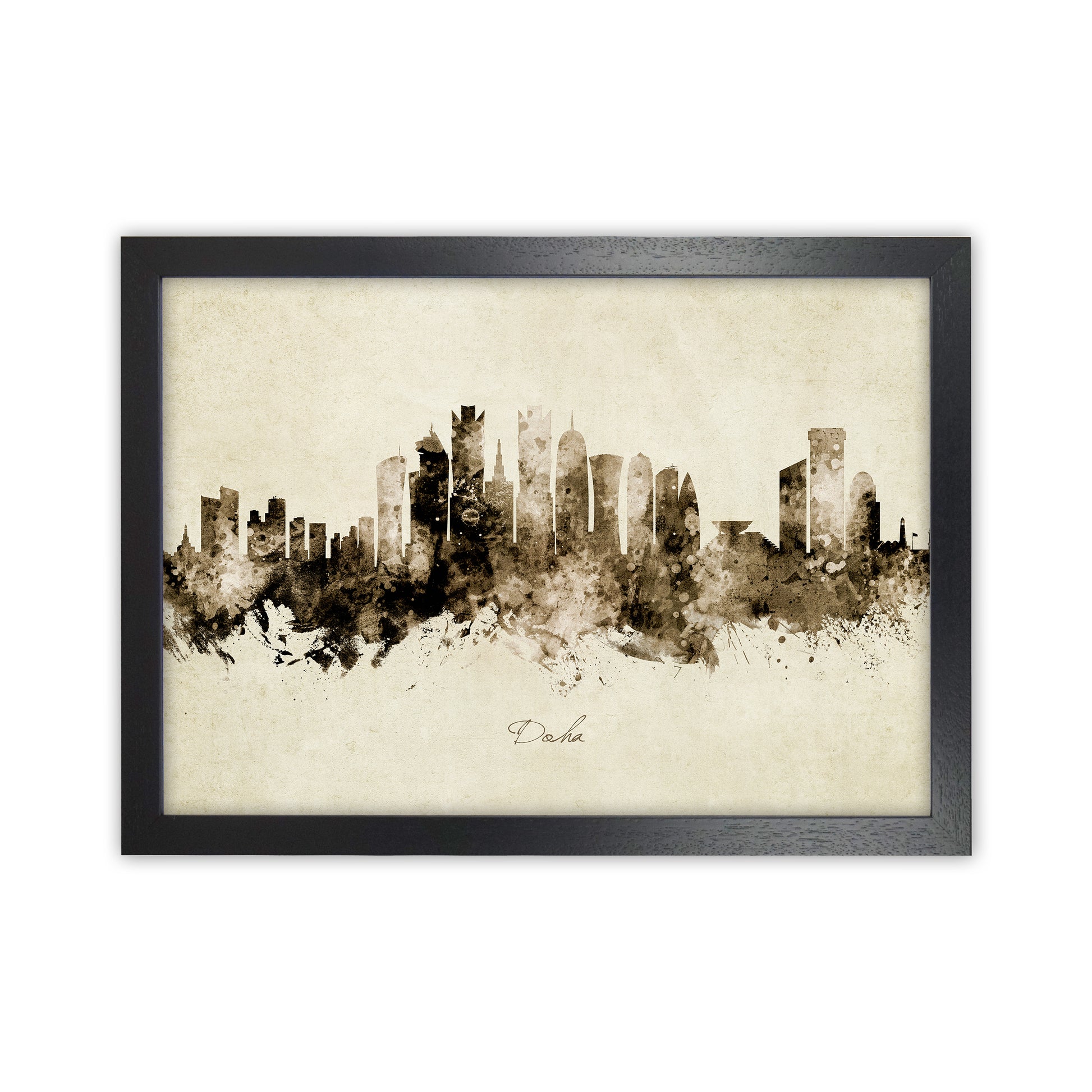 Doha Qatar Skyline Vintage Art Print by Michael Tompsett Black Grain
