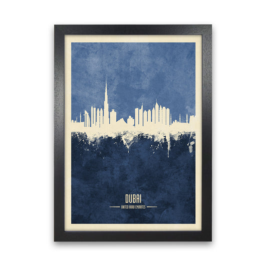 Dubai Uae Skyline Portrait Navy Art Print by Michael Tompsett Black Grain