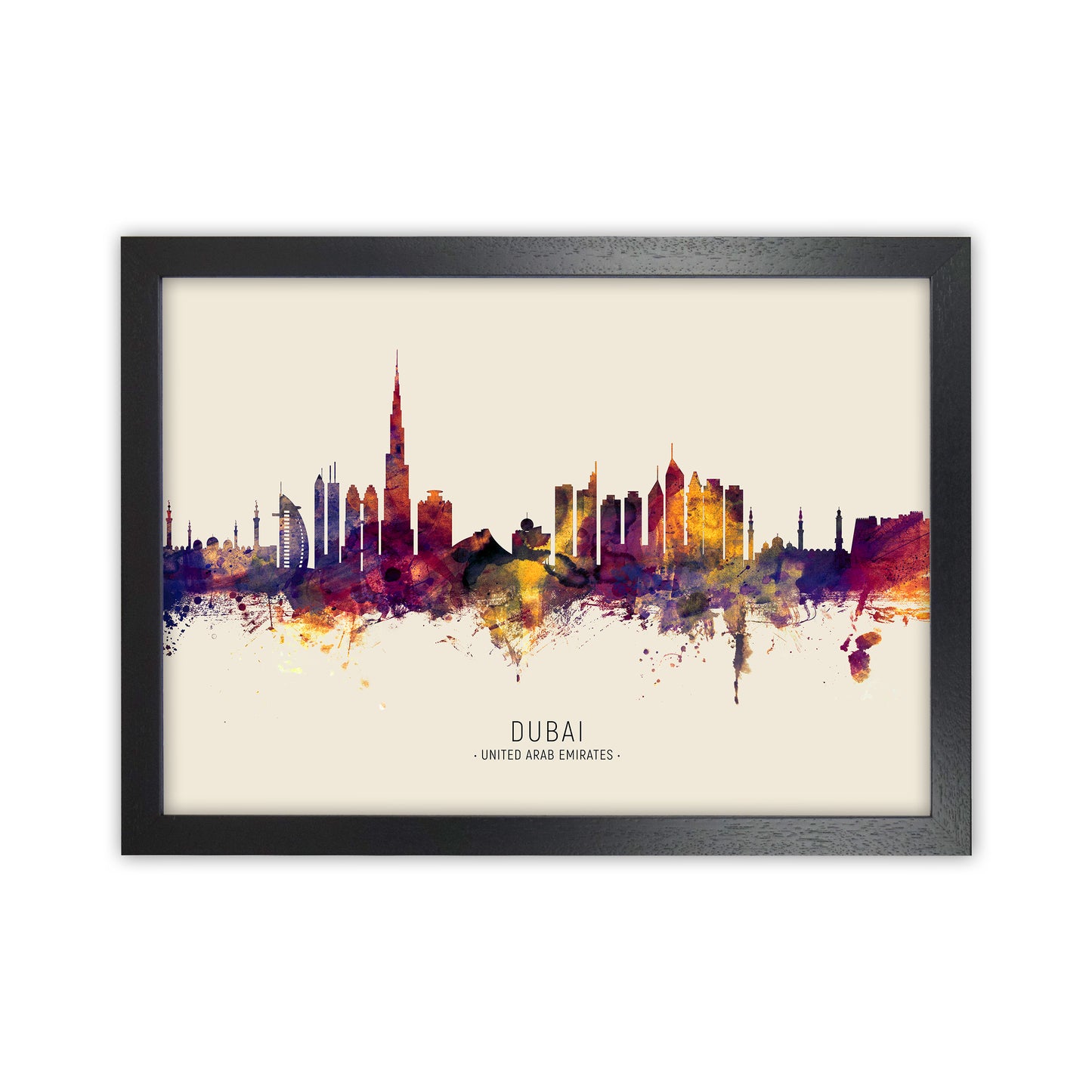Dubai United Arab Emirates Skyline Autumn City Name Art Print by Michael Tompsett Black Grain