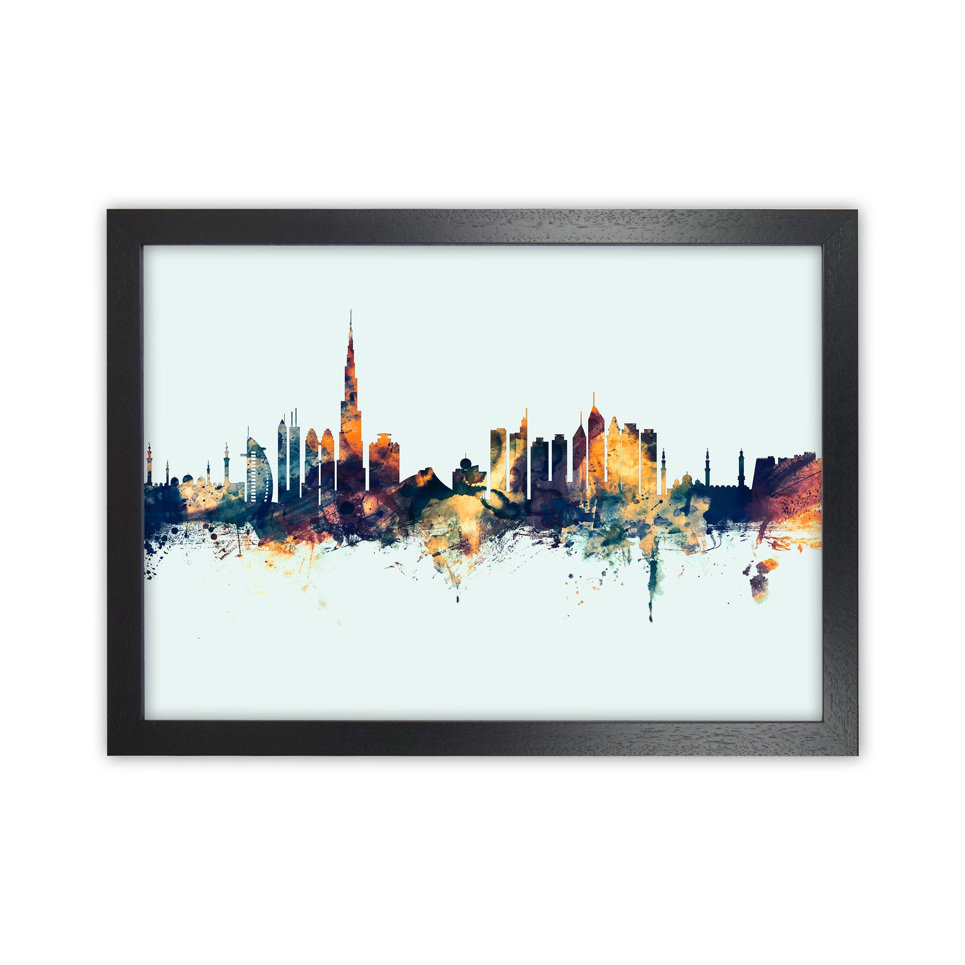 Dubai United Arab Emirates Skyline Blue Orange Art Print by Michael Tompsett Black Grain