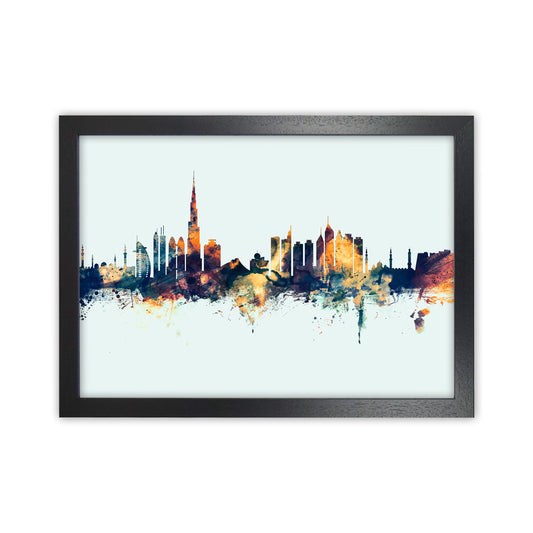 Dubai United Arab Emirates Skyline Blue Orange Art Print by Michael Tompsett Black Grain
