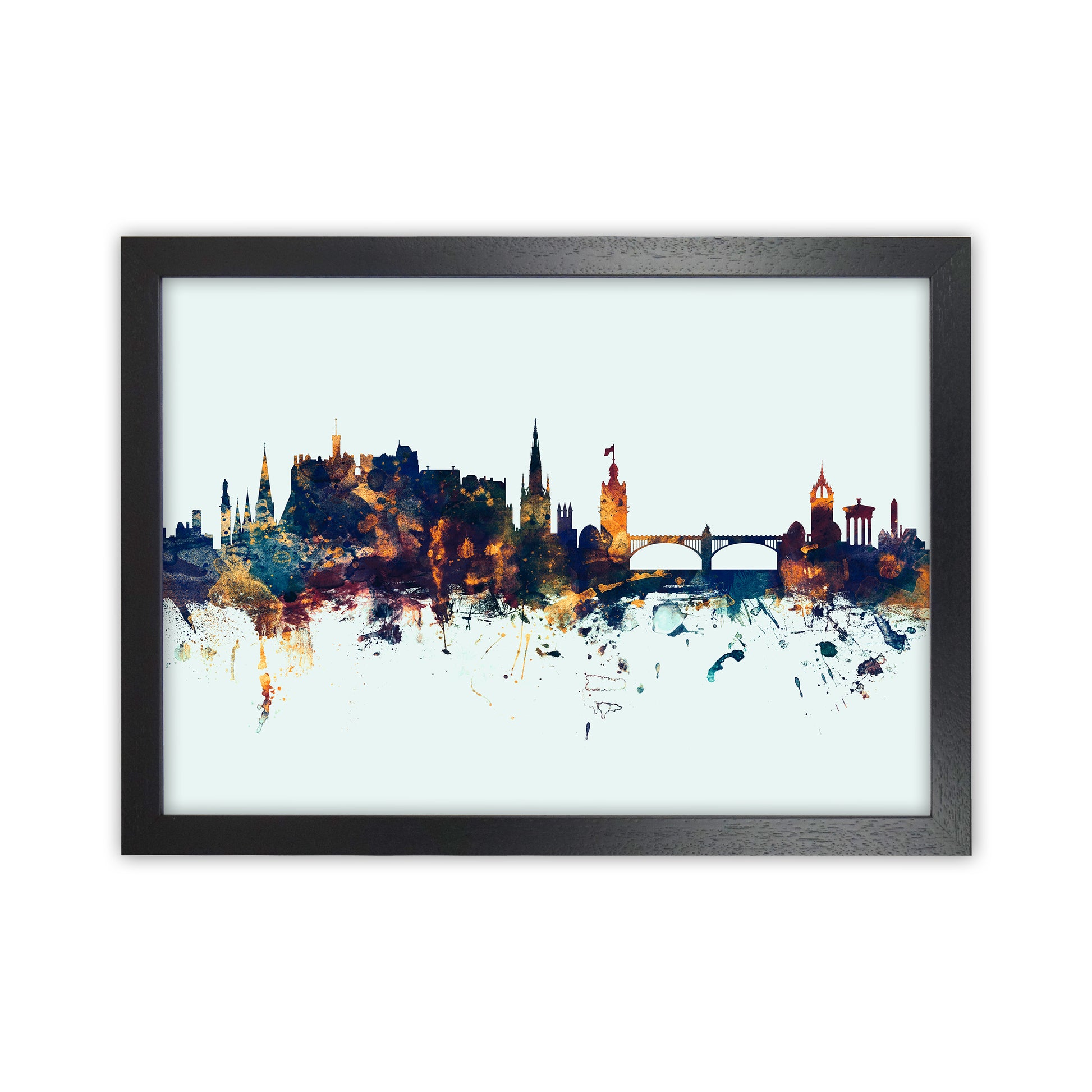 Edinburgh Scotland Skyline Blue Orange Art Print by Michael Tompsett Black Grain