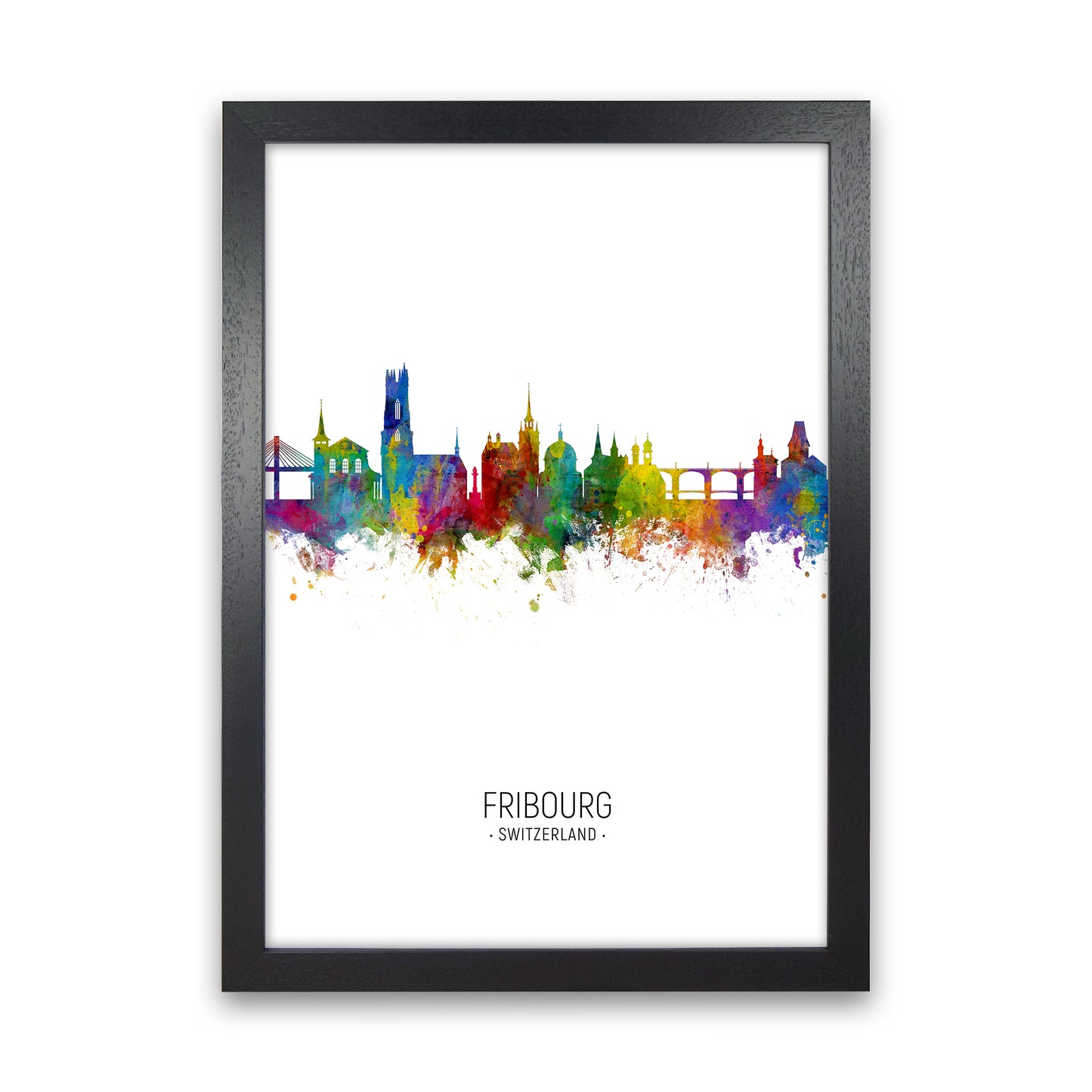 Fribourg Switzerland Skyline Portrait Art Print by Michael Tompsett Black Grain