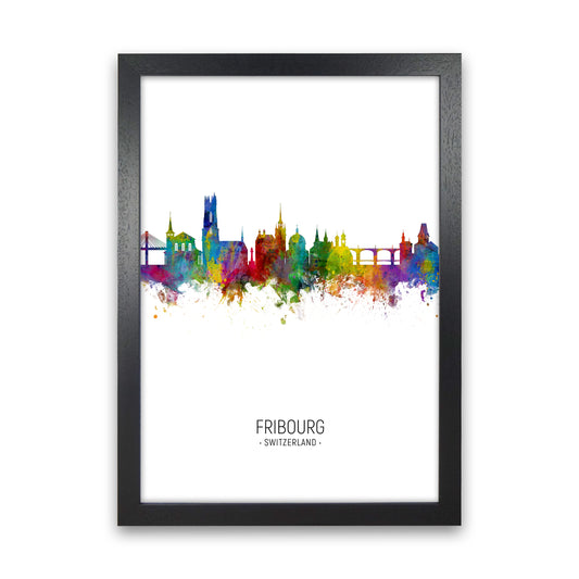 Fribourg Switzerland Skyline Portrait Art Print by Michael Tompsett Black Grain