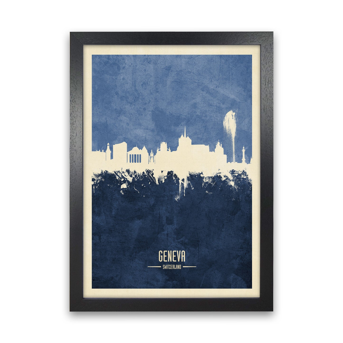 Geneva Switzerland Skyline Portrait Navy Art Print by Michael Tompsett Black Grain