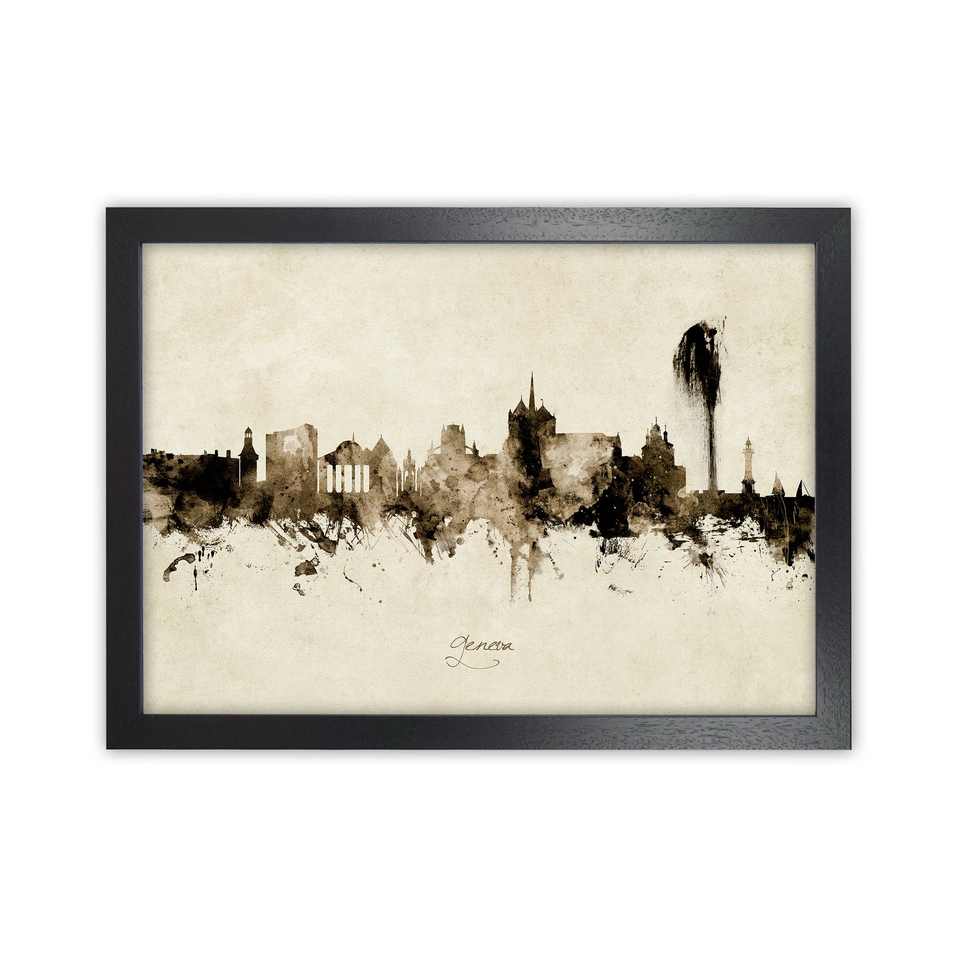 Geneva Switzerland Skyline Vintage Art Print by Michael Tompsett Black Grain
