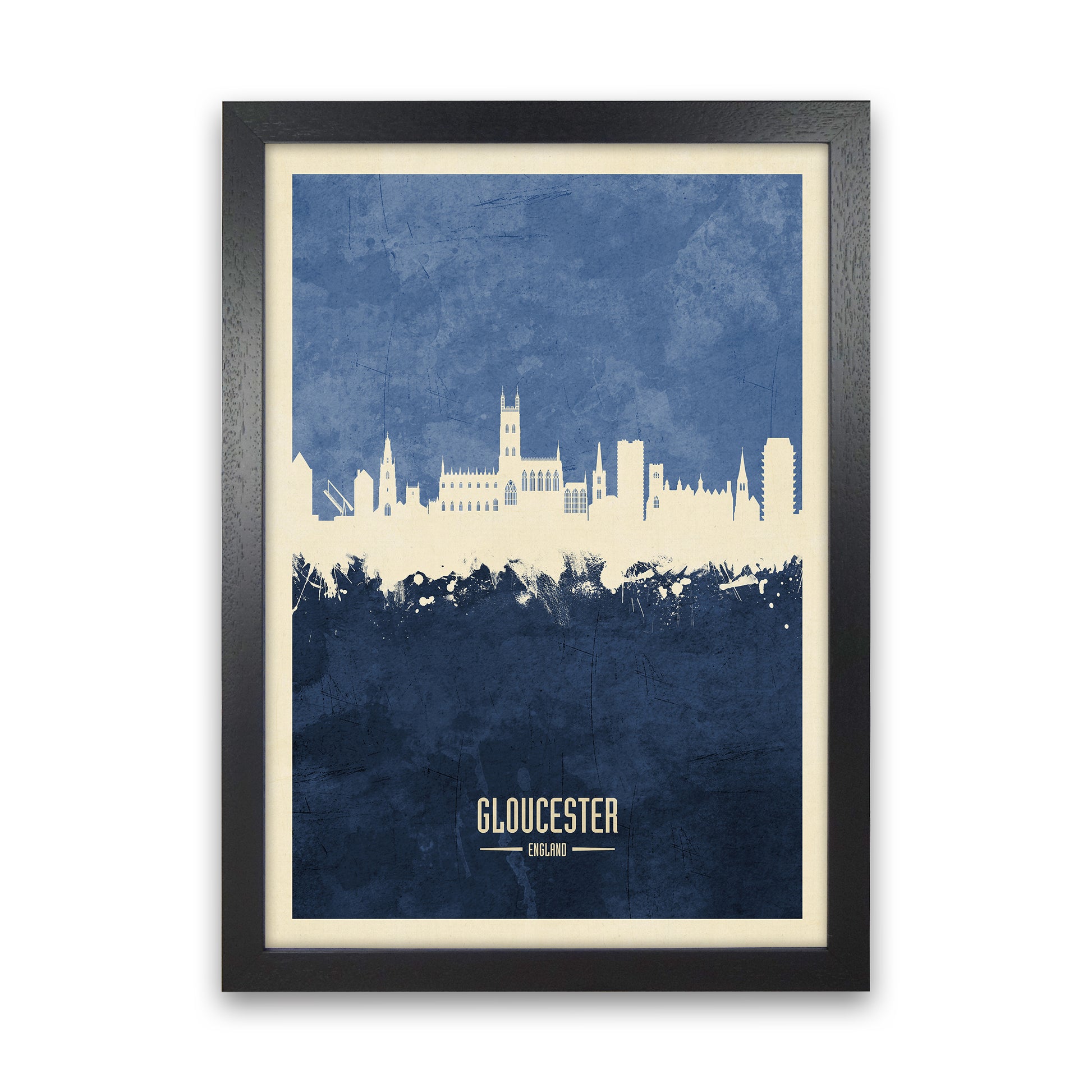 Gloucester England Skyline Portrait Navy Art Print by Michael Tompsett Black Grain