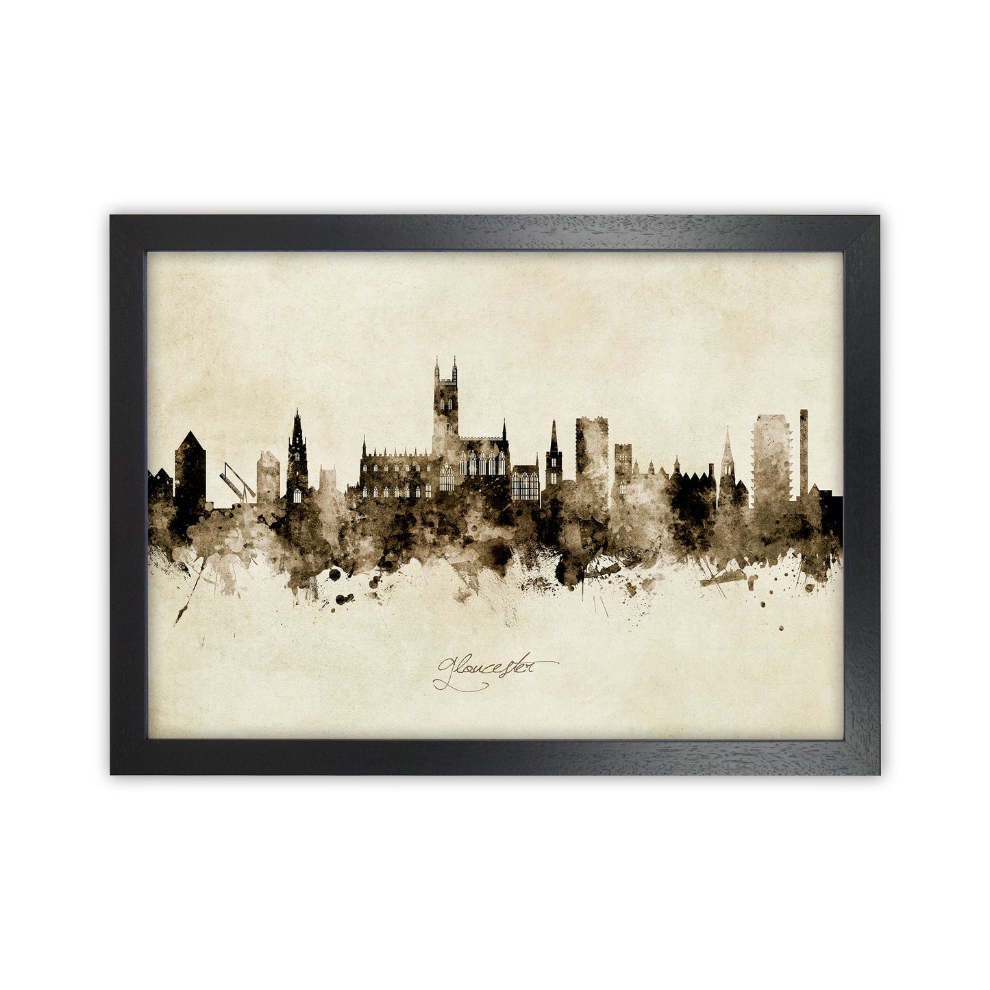 Gloucester England Skyline Vintage Art Print by Michael Tompsett Black Grain