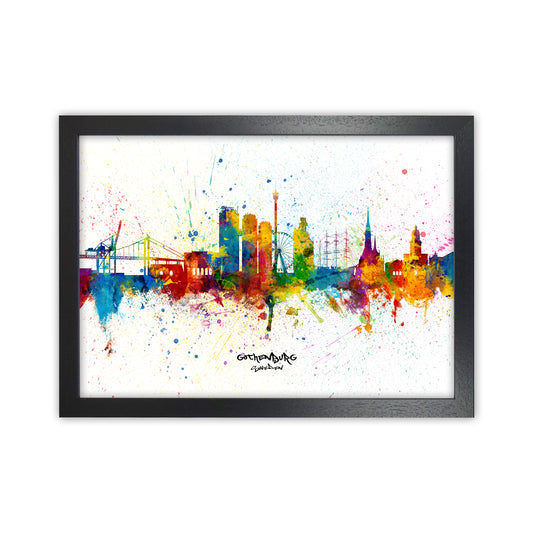 Gothenburg Sweden Skyline Splash Art Print by Michael Tompsett Black Grain