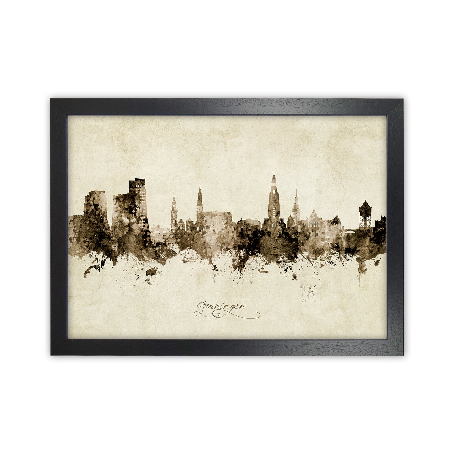 Groningen Netherlands Skyline Vintage Art Print by Michael Tompsett Black Grain