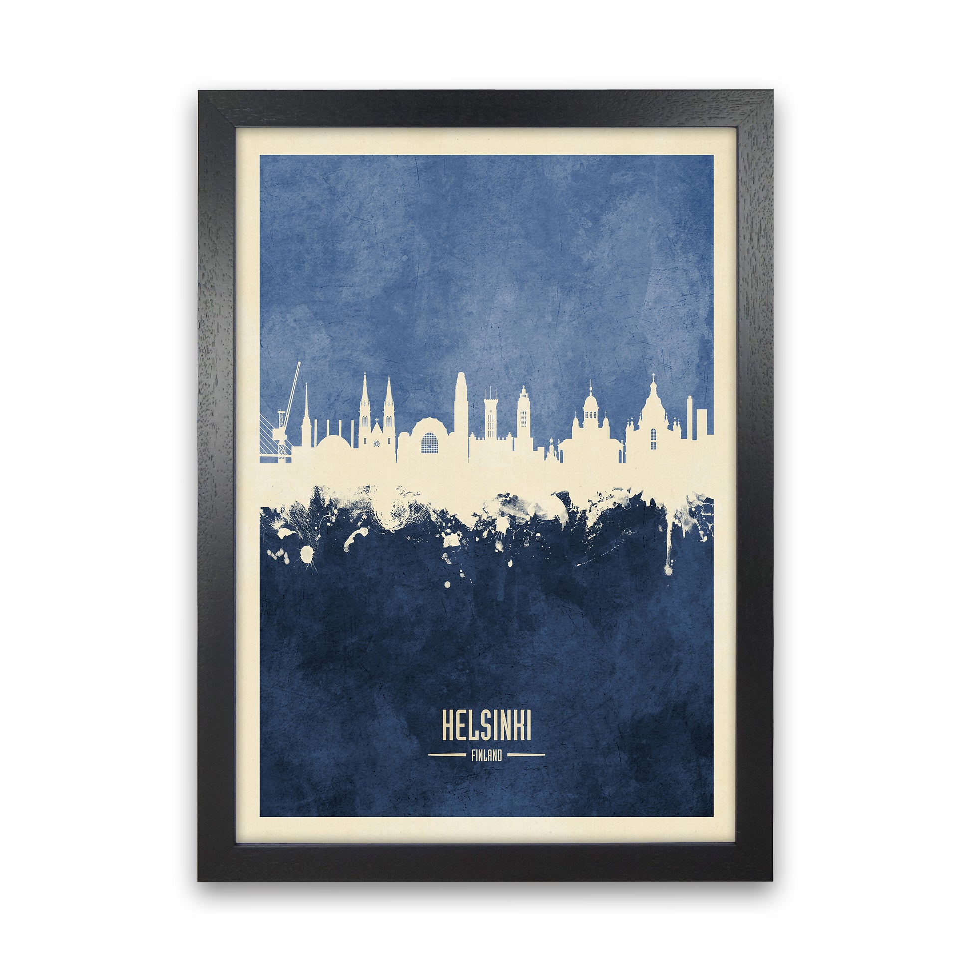 Helsinki Finland Skyline Portrait Navy Art Print by Michael Tompsett Black Grain