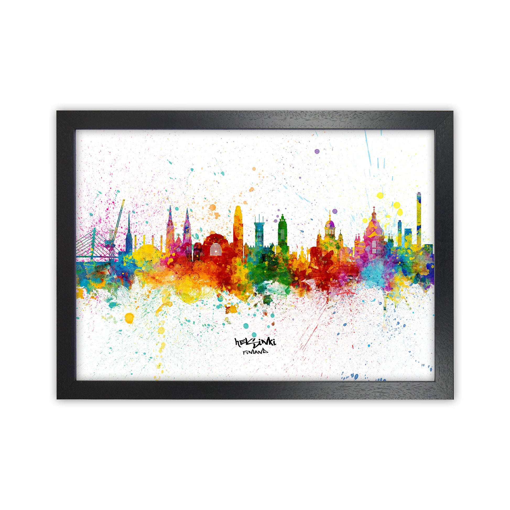 Helsinki Finland Skyline Splash Art Print by Michael Tompsett Black Grain