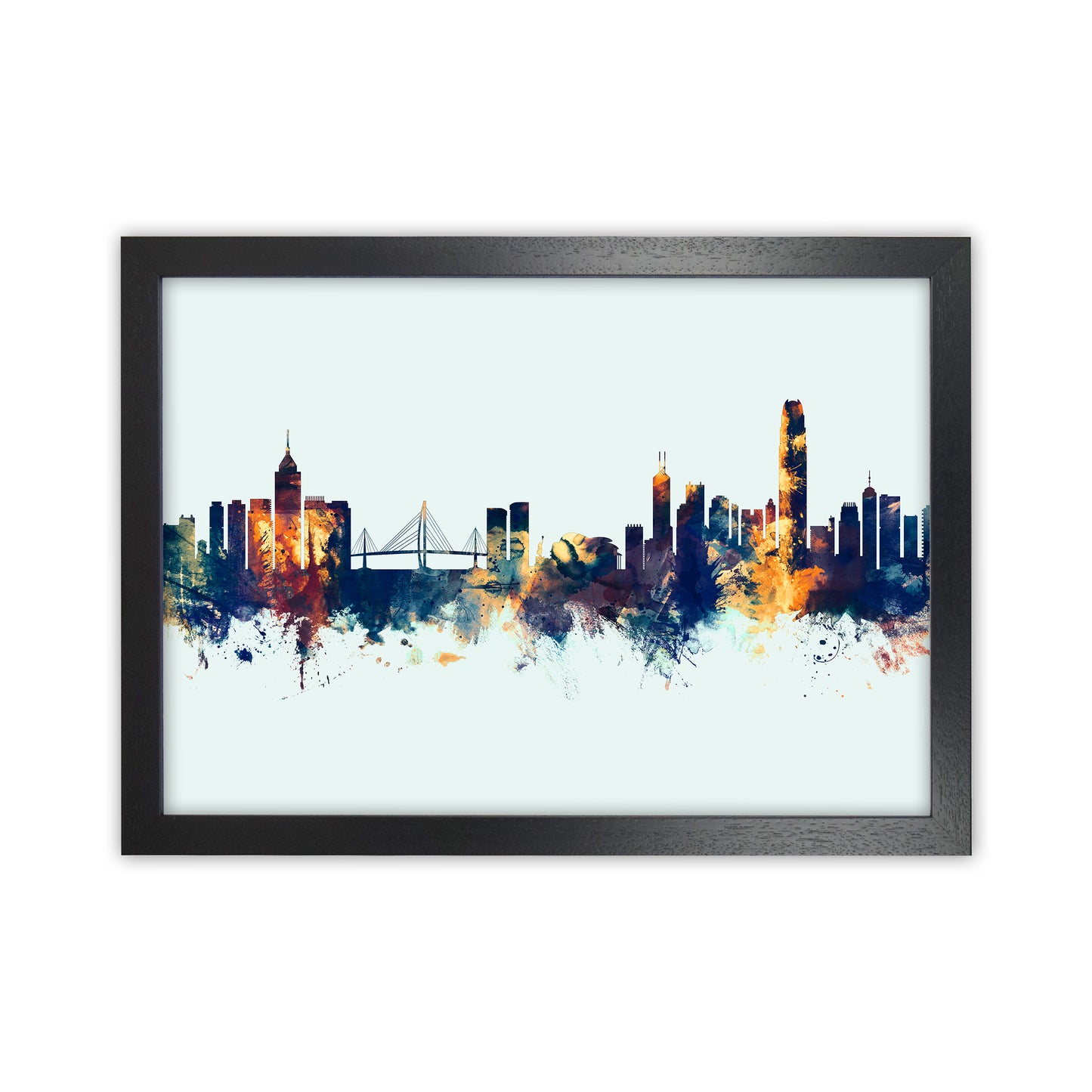 Hong Kong China Skyline Blue Orange Art Print by Michael Tompsett Black Grain