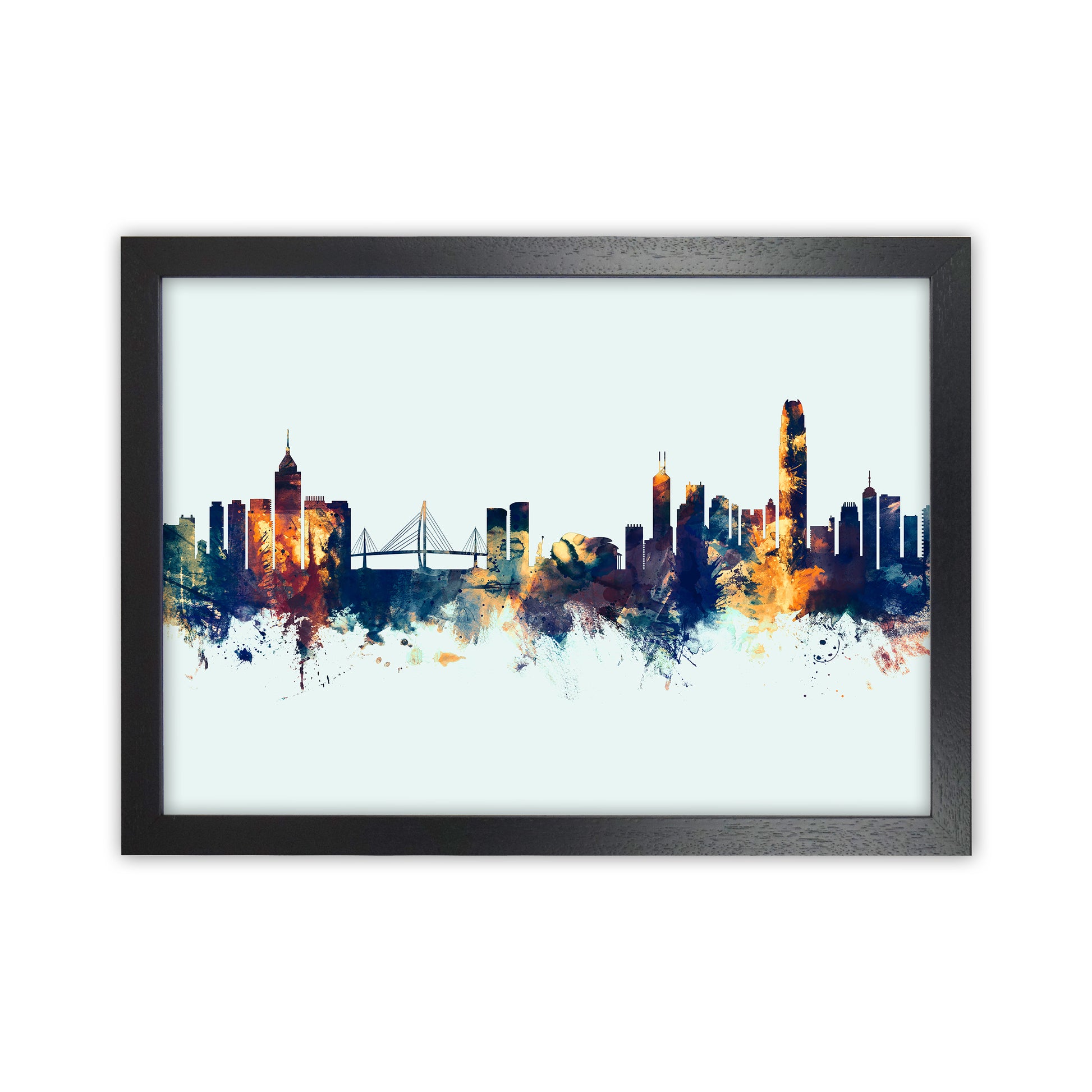 Hong Kong China Skyline Blue Orange Art Print by Michael Tompsett Black Grain