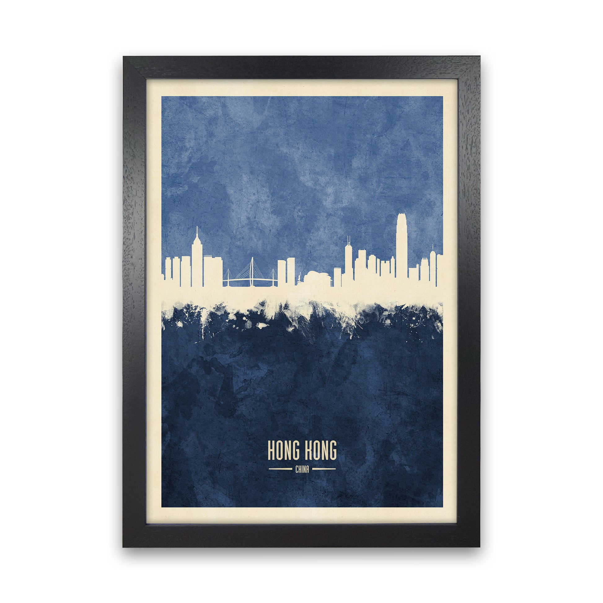 Hong Kong China Skyline Portrait Navy Art Print by Michael Tompsett Black Grain