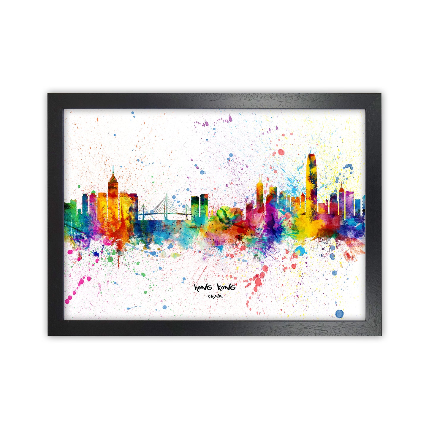 Hong Kong China Skyline Splash Art Print by Michael Tompsett Black Grain