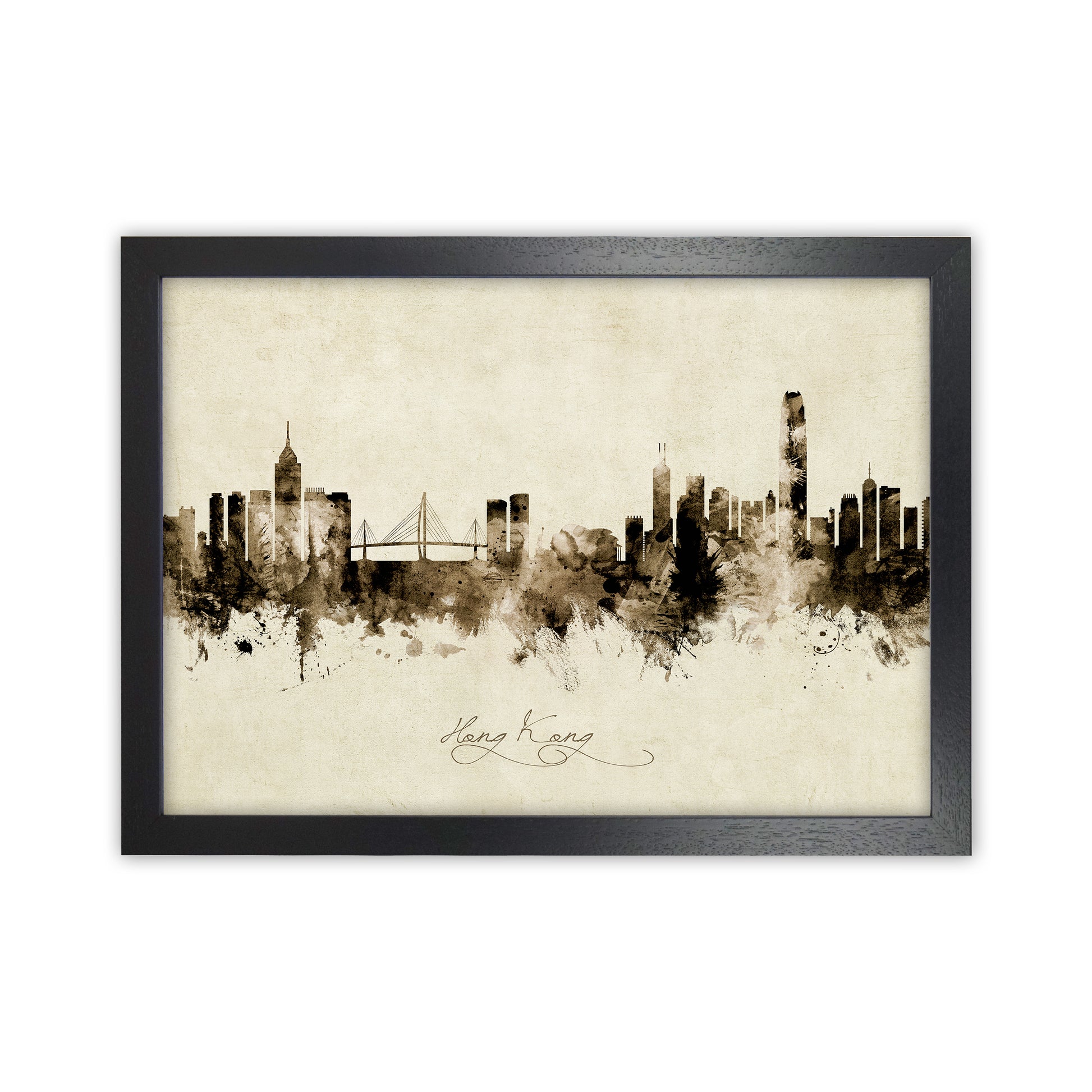 Hong Kong China Skyline Vintage Art Print by Michael Tompsett Black Grain