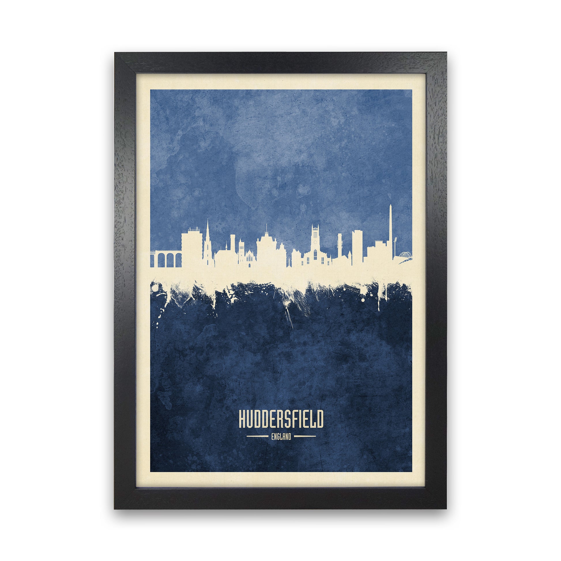 Huddersfield England Skyline Portrait Navy Art Print by Michael Tompsett Black Grain