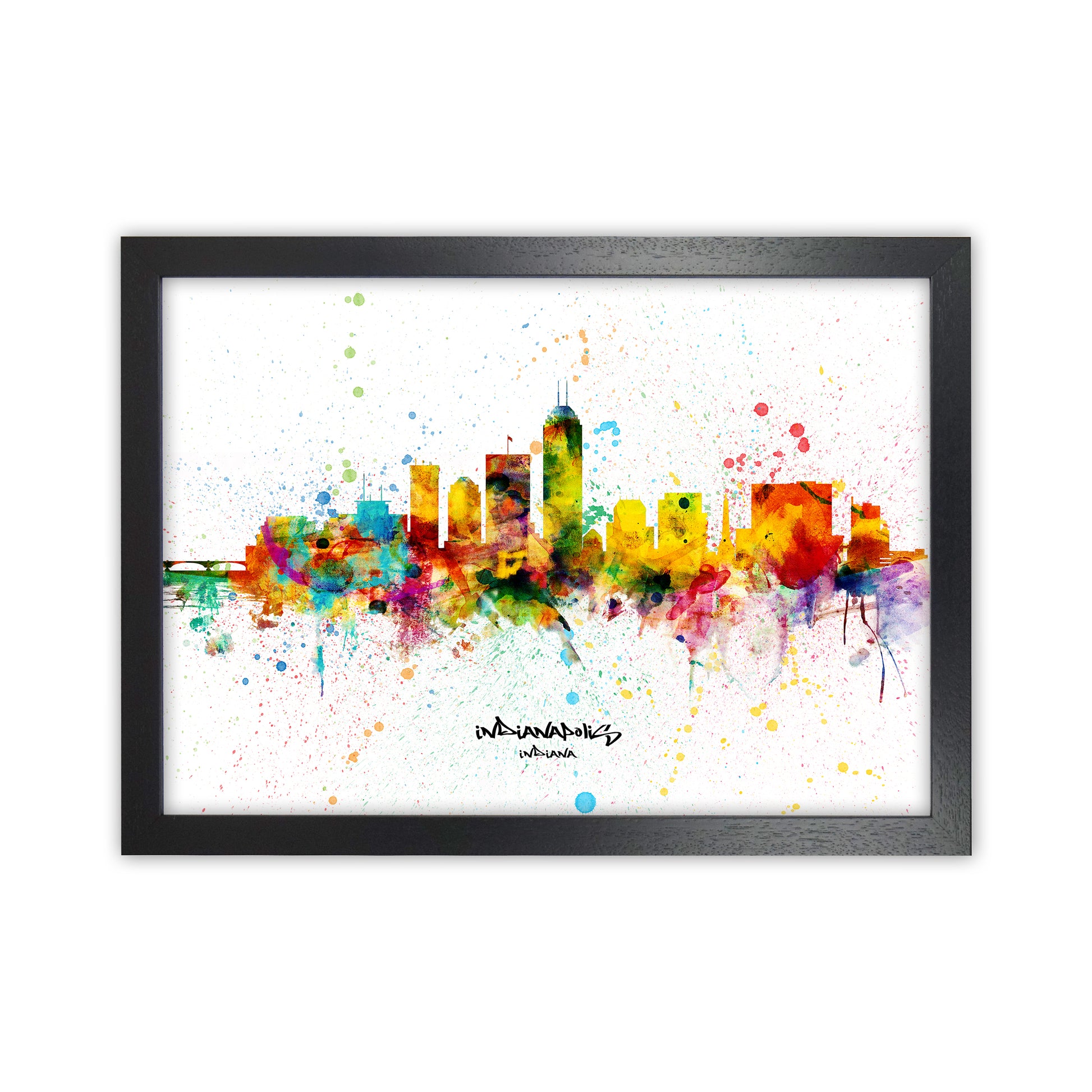 Indianapolis Indiana Skyline Splash Art Print by Michael Tompsett Black Grain