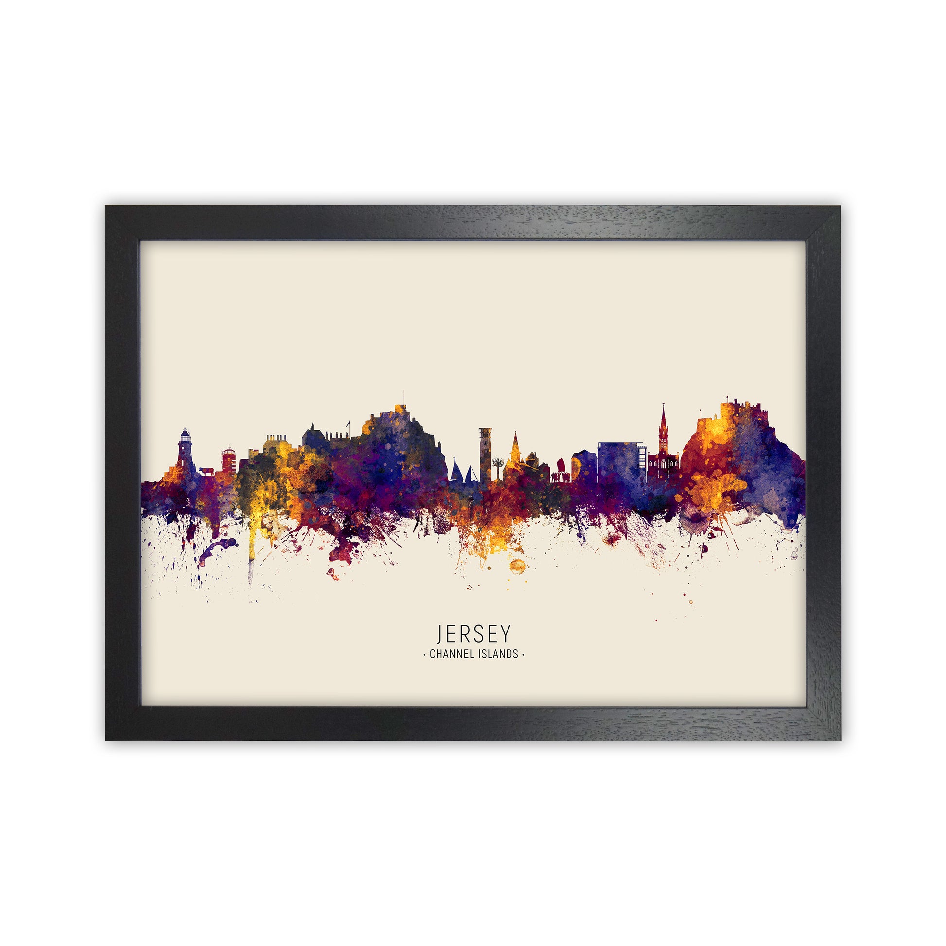 Jersey Channel Islands Skyline Autumn City Name Art Print by Michael Tompsett Black Grain