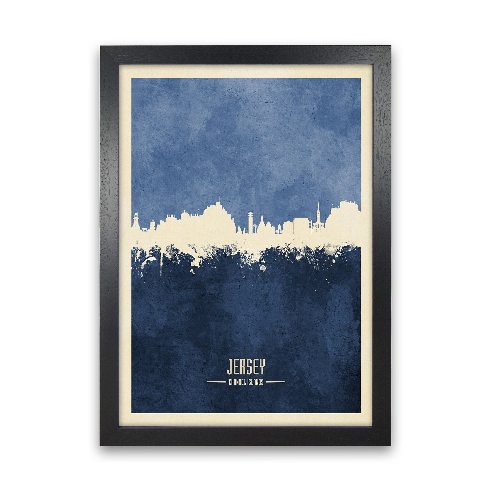Jersey Channel Islands Skyline Portrait Navy Art Print by Michael Tompsett Black Grain