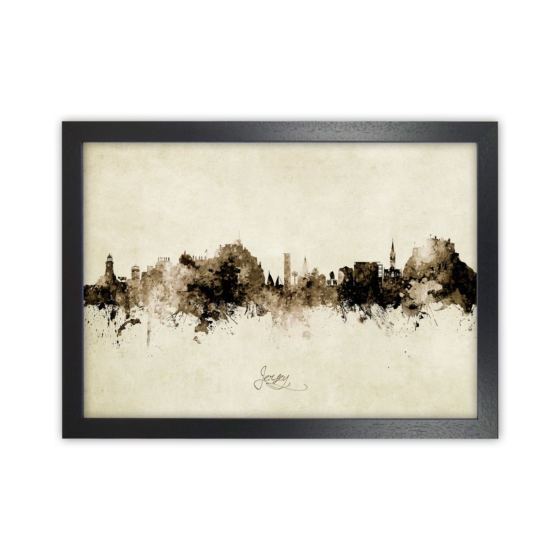 Jersey Channel Islands Skyline Vintage Art Print by Michael Tompsett Black Grain