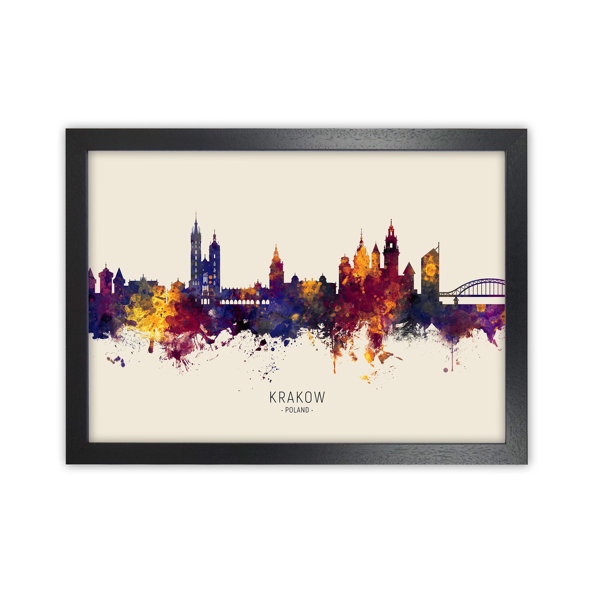 Krakow Poland Skyline Autumn City Name Art Print by Michael Tompsett Black Grain