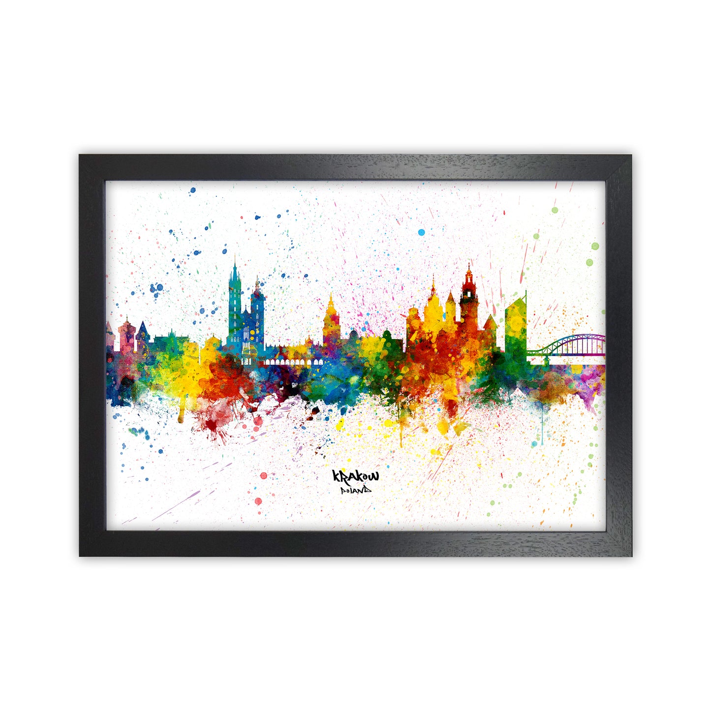 Krakow Poland Skyline Splash Art Print by Michael Tompsett Black Grain