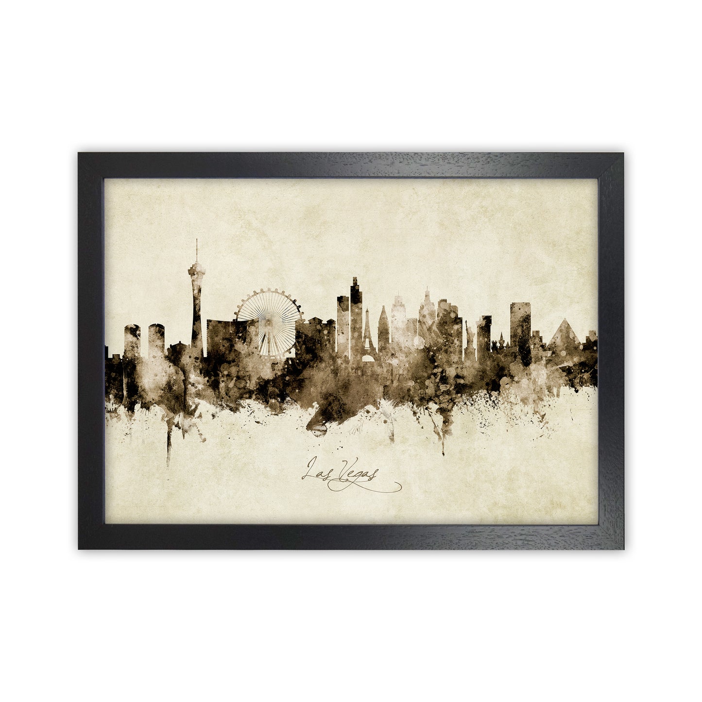 Las Vegas Nevada Skyline Vintage Art Print by Michael Tompsett Black Grain