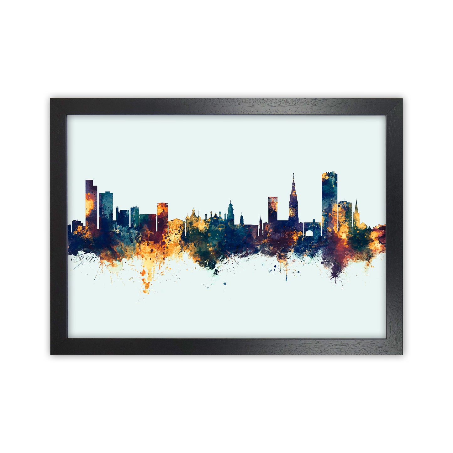 Leicester England Skyline Blue Orange Art Print by Michael Tompsett Black Grain
