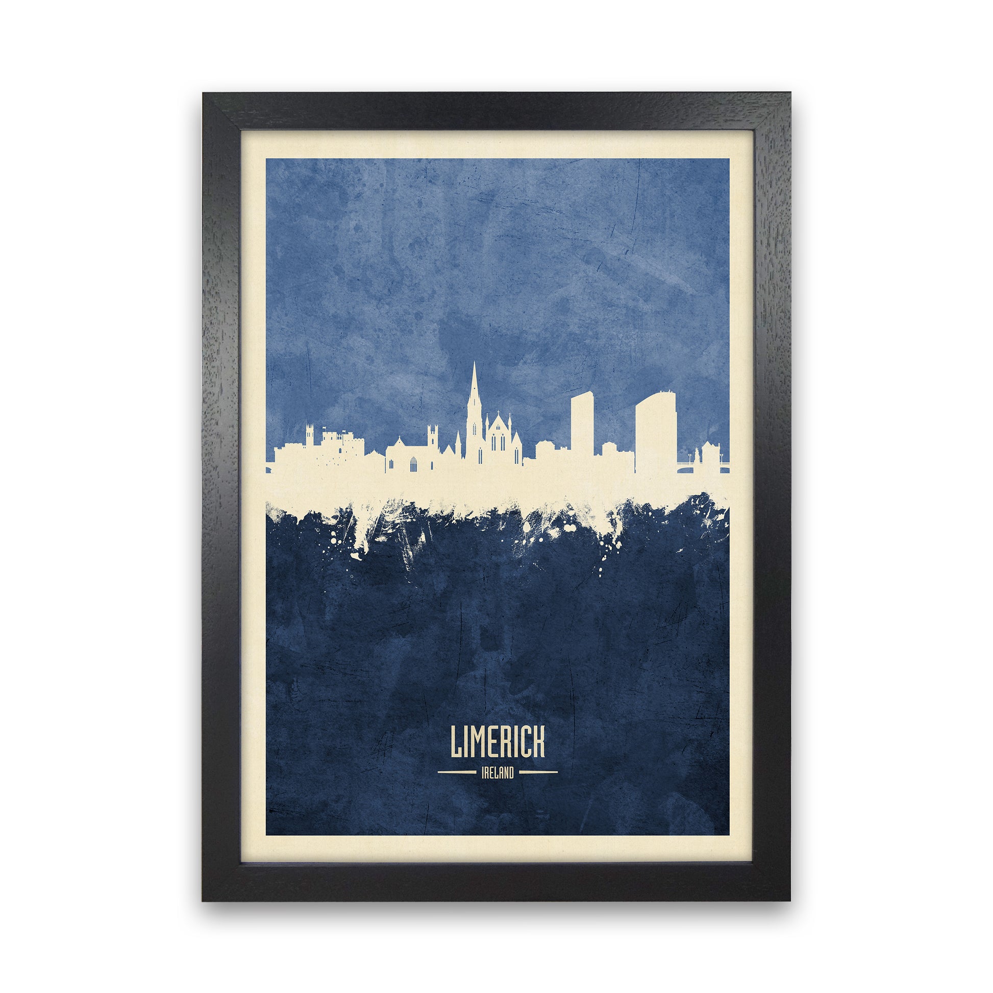 Limerick Ireland Skyline Portrait Navy Art Print by Michael Tompsett Black Grain