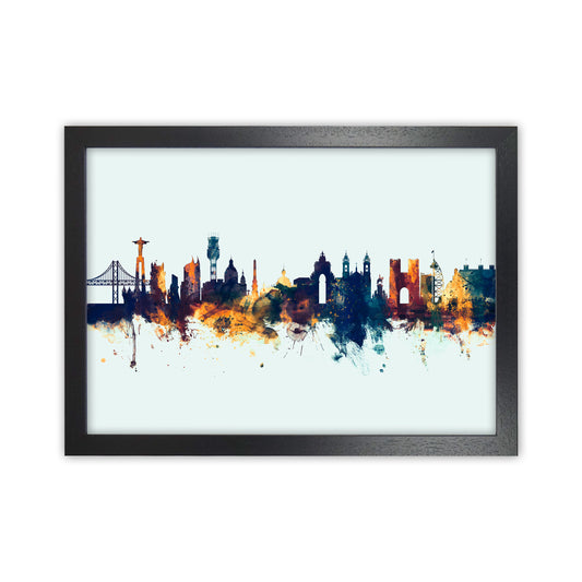 Lisbon Portugal Skyline Blue Orange Art Print by Michael Tompsett Black Grain