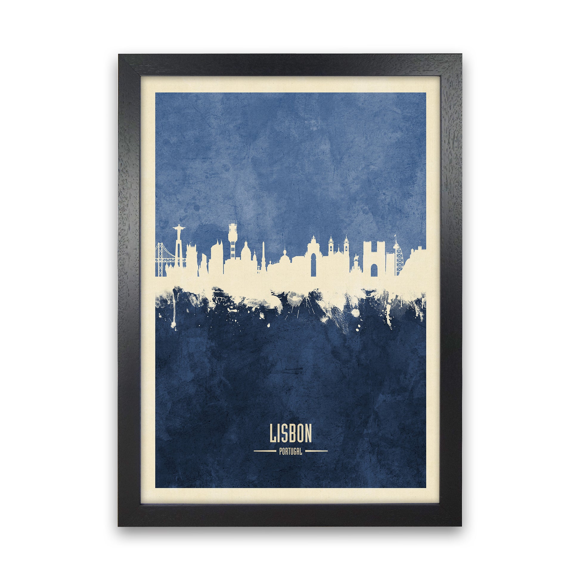 Lisbon Portugal Skyline Portrait Navy Art Print by Michael Tompsett Black Grain