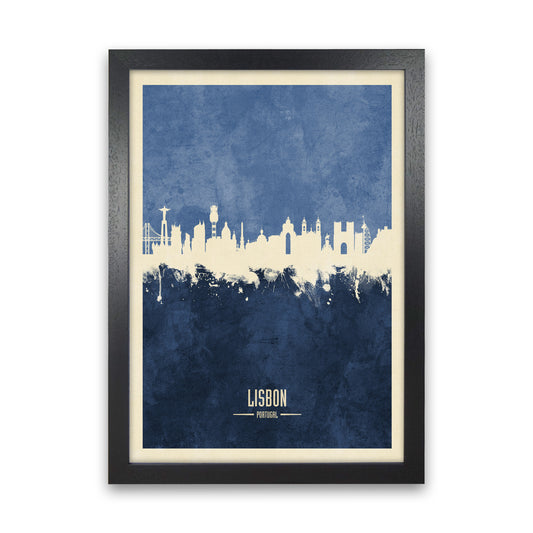 Lisbon Portugal Skyline Portrait Navy Art Print by Michael Tompsett Black Grain