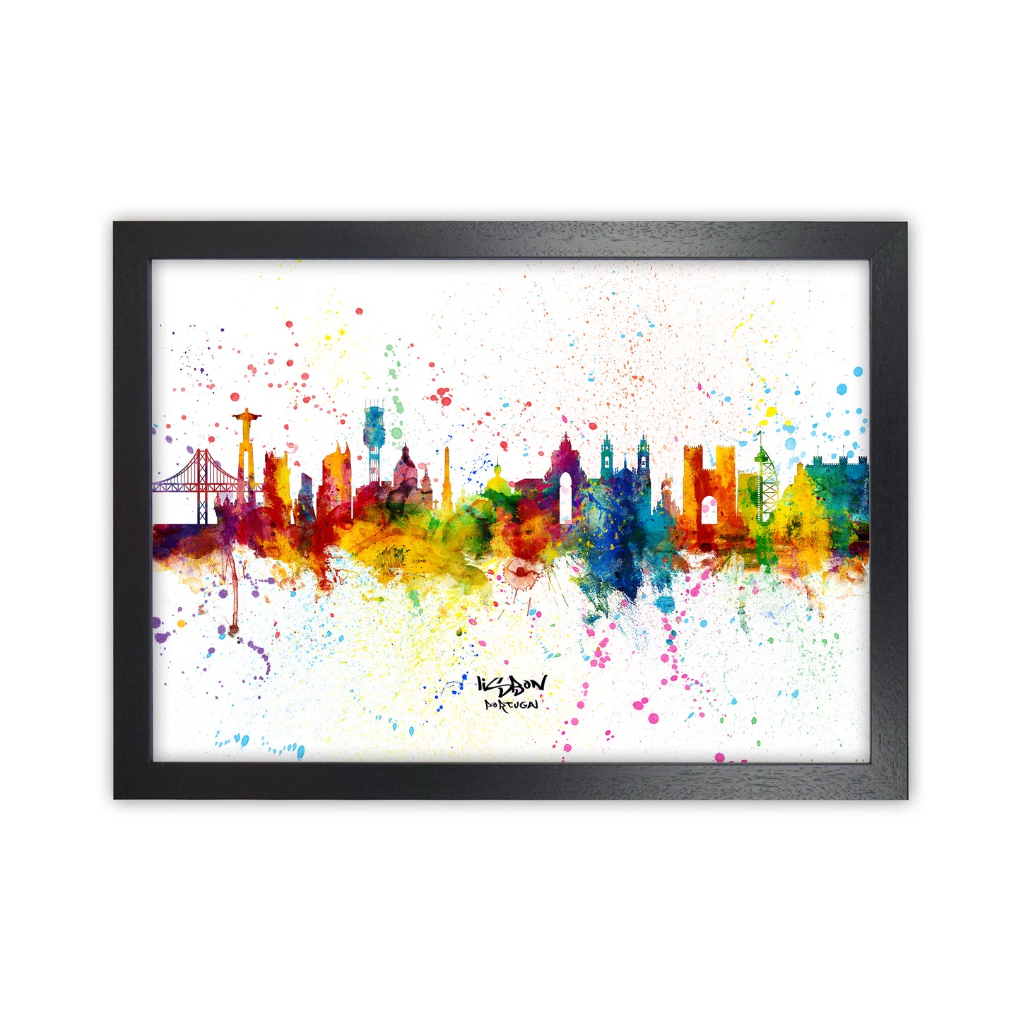 Lisbon Portugal Skyline Splash Art Print by Michael Tompsett Black Grain